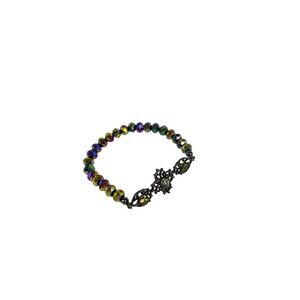 Iridescent Crystal Beaded Stretch Bracelet Fleur de Lis Charm